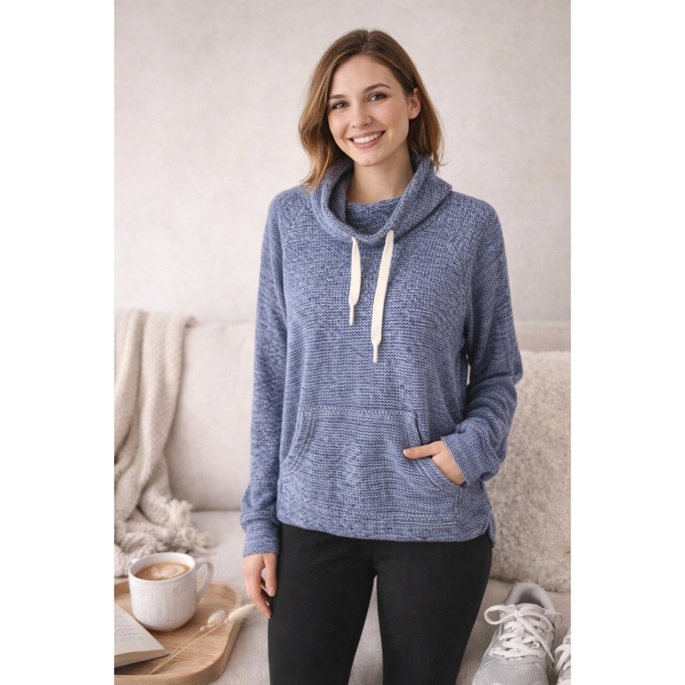 Aerie‎ Offline Blue Cowl Neck Hoodie Textured Knit Pullover Womens L